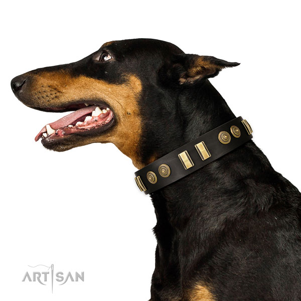 Durable traditional buckle on full grain genuine leather dog collar for daily walking