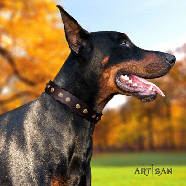 Doberman easy wearing natural genuine leather collar with studs for your four-legged friend