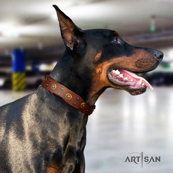 Doberman handmade natural genuine leather collar with embellishments for your pet
