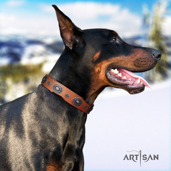 Doberman unusual full grain genuine leather collar with decorations for your doggie