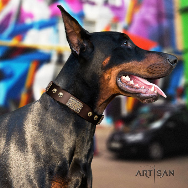 Doberman easy adjustable genuine leather collar with embellishments for your dog
