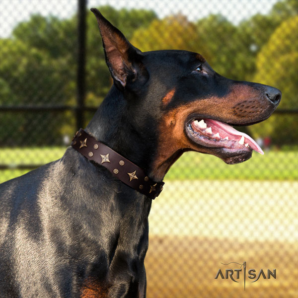 Doberman impressive full grain natural leather collar with embellishments for your doggie
