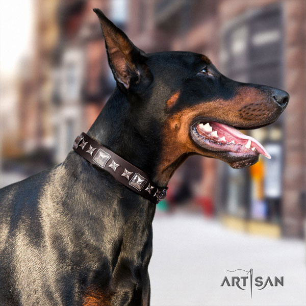 Doberman easy adjustable full grain leather collar with adornments for your four-legged friend