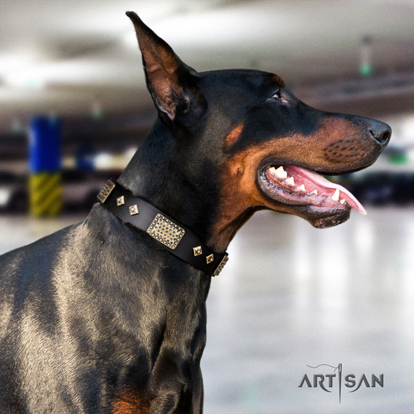 Doberman unique natural genuine leather collar with decorations for your dog