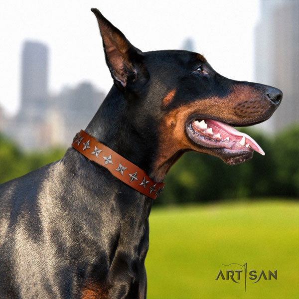 Doberman comfortable natural genuine leather collar with adornments for your doggie