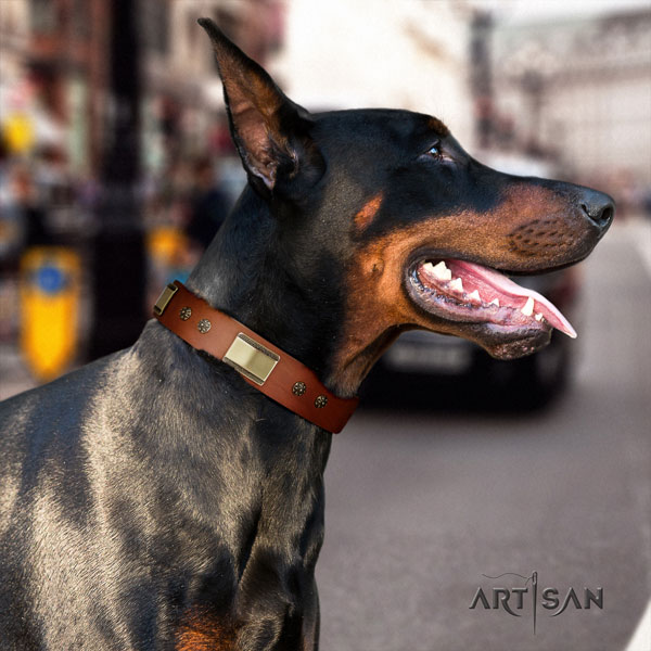 Doberman easy adjustable natural genuine leather collar with decorations for your dog