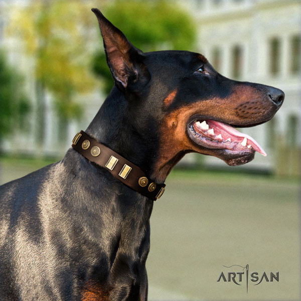 Doberman awesome full grain natural leather collar with studs for your dog