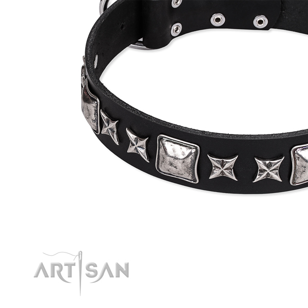 Leather dog collar with adornments for comfortable wearing