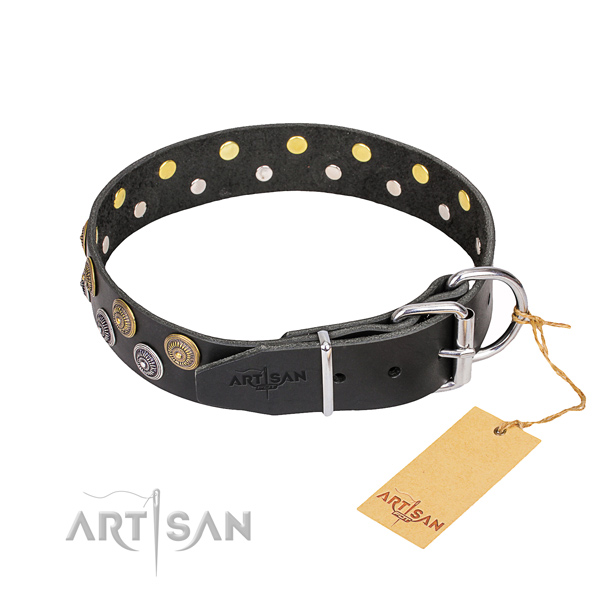 Daily use full grain genuine leather collar with adornments for your pet