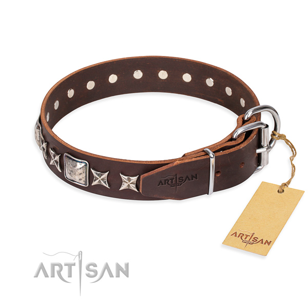 Everyday use full grain natural leather collar with studs for your dog