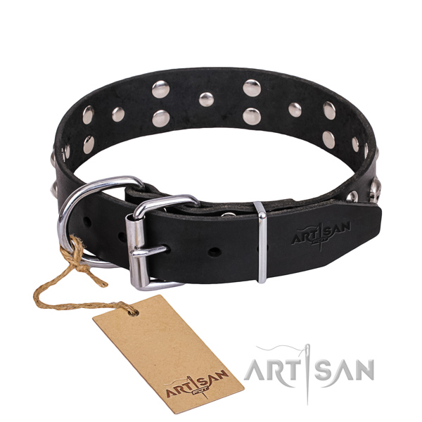 Natural leather dog collar with smoothed leather strap