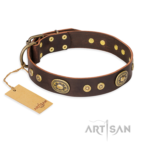 Natural genuine leather dog collar made of gentle to touch material with rust resistant buckle