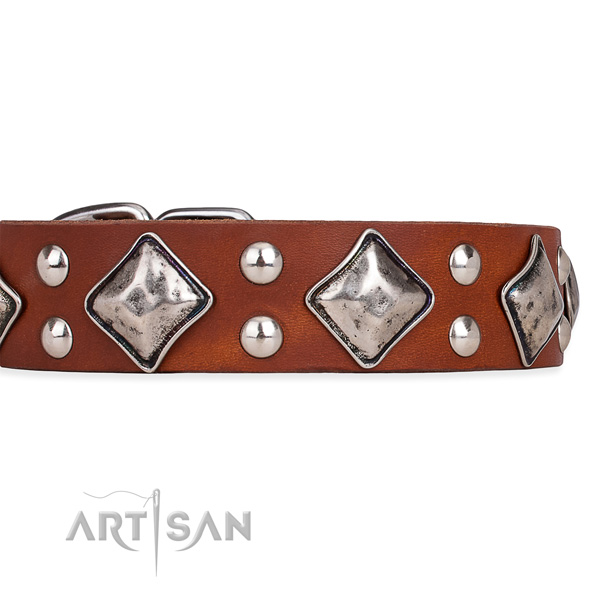 Natural leather dog collar with exquisite corrosion proof decorations