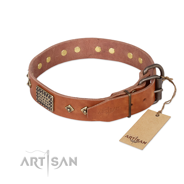 Full grain genuine leather dog collar with corrosion resistant traditional buckle and decorations