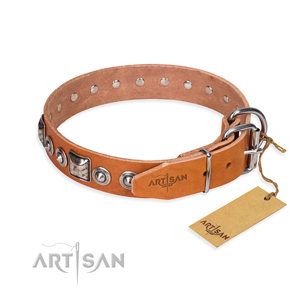 Leather dog collar made of soft material with corrosion proof embellishments
