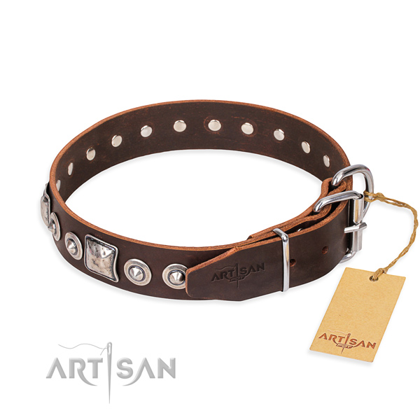 Full grain natural leather dog collar made of high quality material with durable embellishments