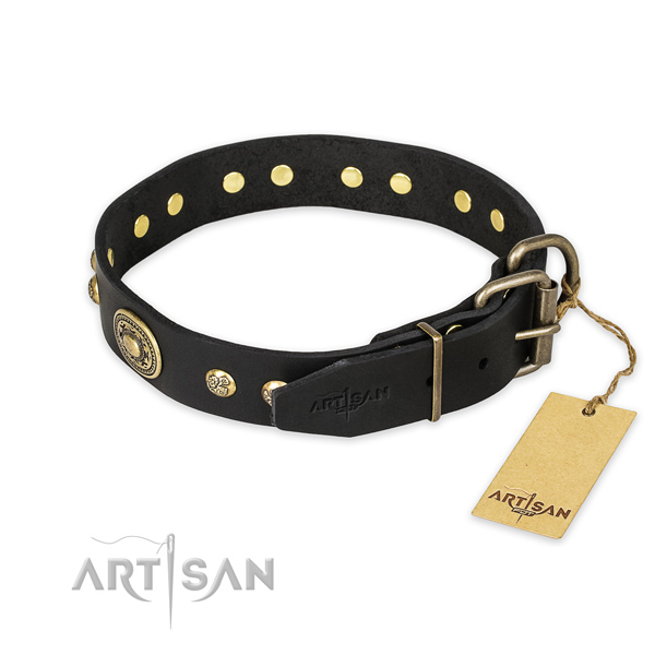 Strong hardware on full grain genuine leather collar for walking your pet
