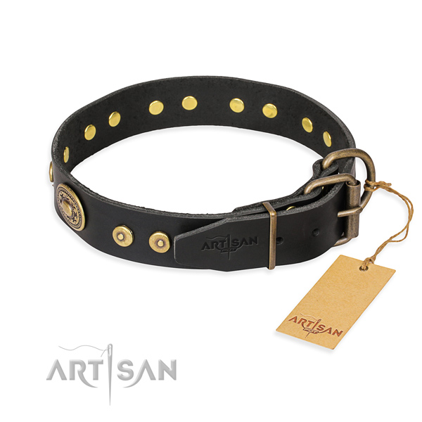 Full grain genuine leather dog collar made of top rate material with durable embellishments