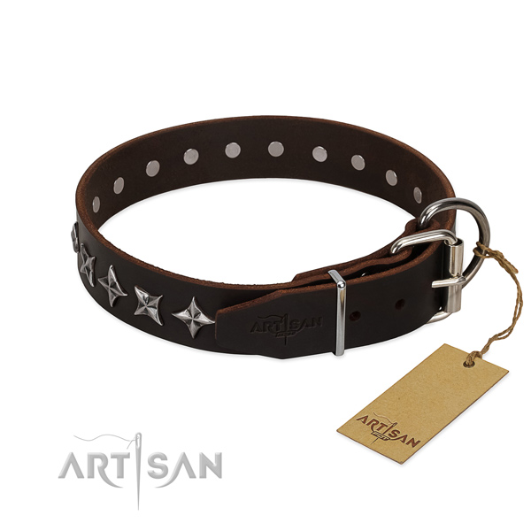 Everyday use embellished dog collar of high quality genuine leather