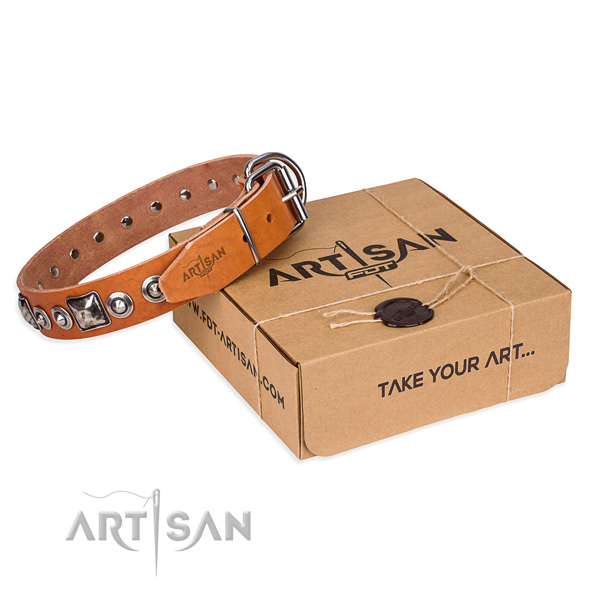 Full grain natural leather dog collar made of top notch material with corrosion proof fittings