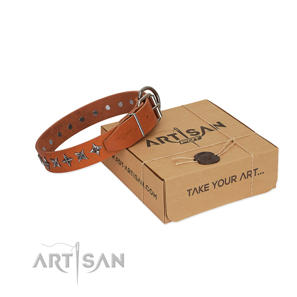 Comfy wearing dog collar of best quality full grain natural leather with decorations