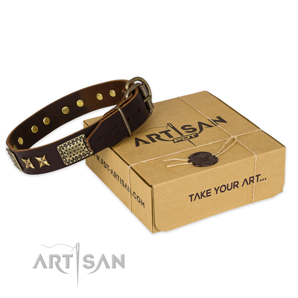Reliable traditional buckle on full grain natural leather collar for your handsome doggie