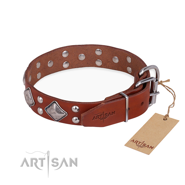 Full grain natural leather dog collar with exquisite rust-proof adornments