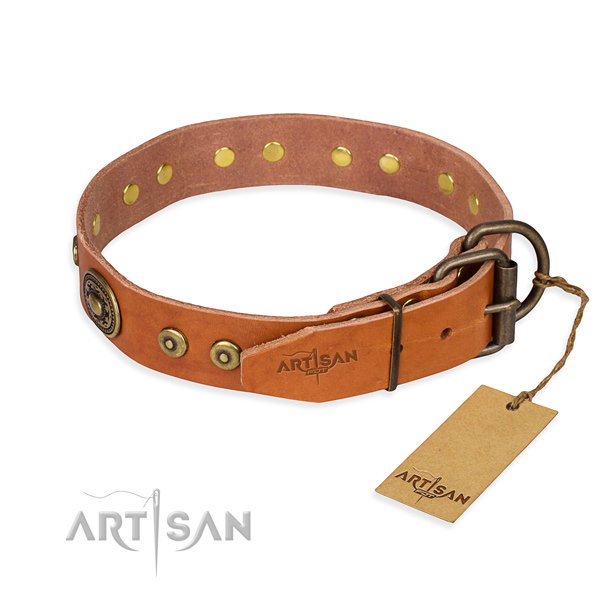 Full grain genuine leather dog collar made of best quality material with durable adornments