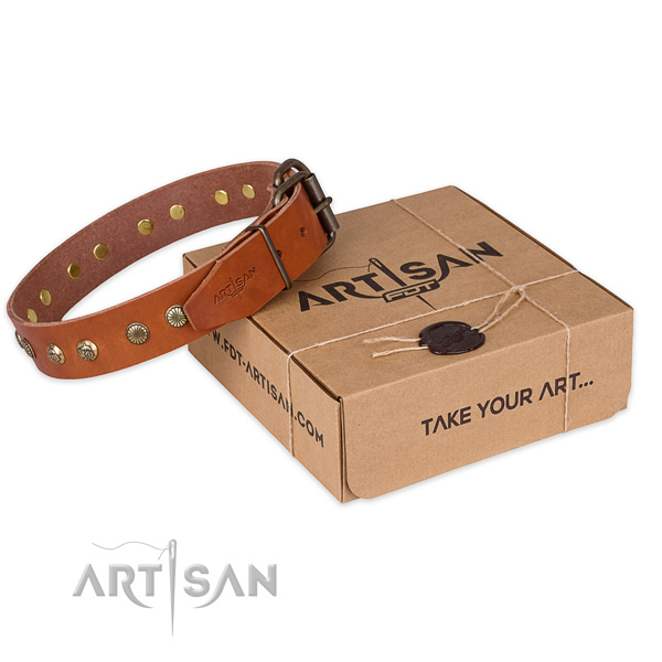 Strong hardware on genuine leather collar for your lovely doggie