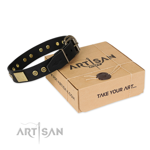 Durable traditional buckle on full grain natural leather dog collar for comfortable wearing