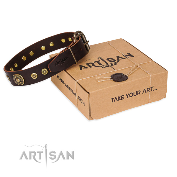 Full grain natural leather dog collar made of soft to touch material with durable traditional buckle