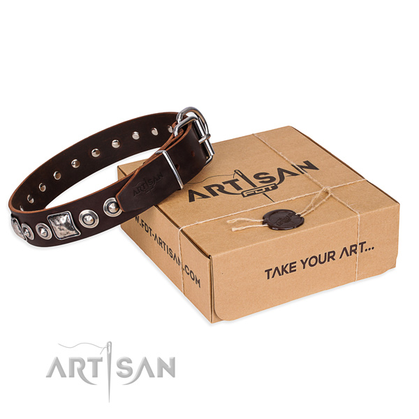 Full grain genuine leather dog collar made of gentle to touch material with strong D-ring
