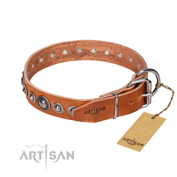 Natural genuine leather dog collar made of reliable material with corrosion proof embellishments