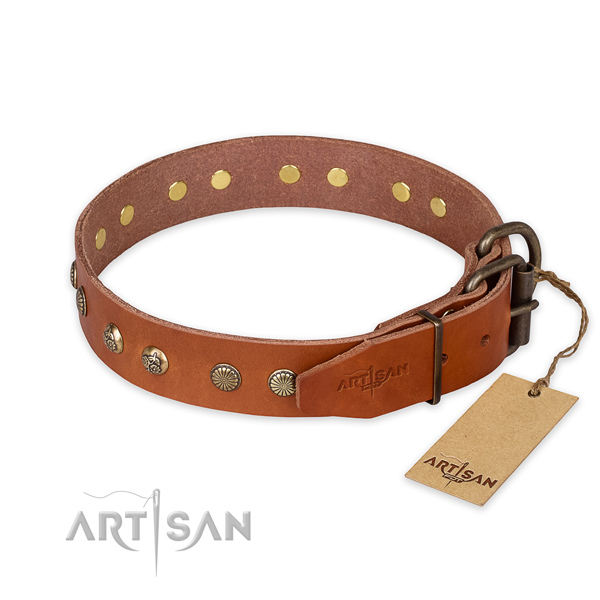 Corrosion resistant D-ring on natural genuine leather collar for your impressive four-legged friend