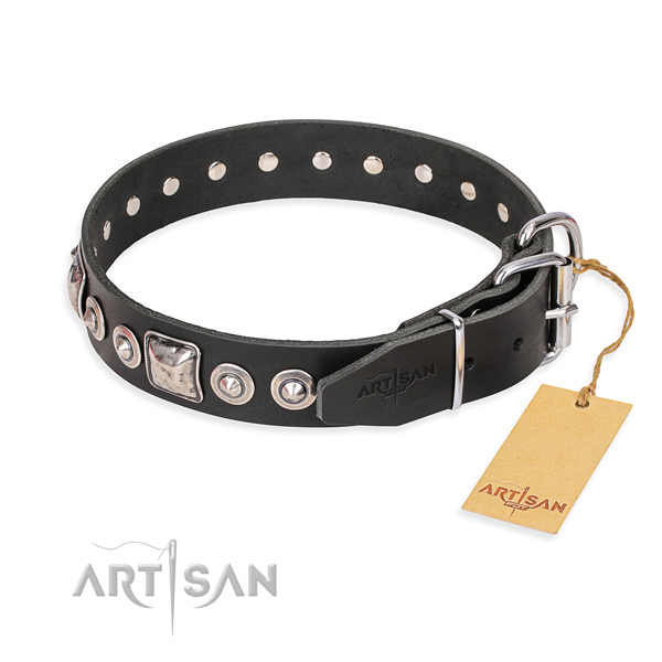 Full grain genuine leather dog collar made of flexible material with durable embellishments