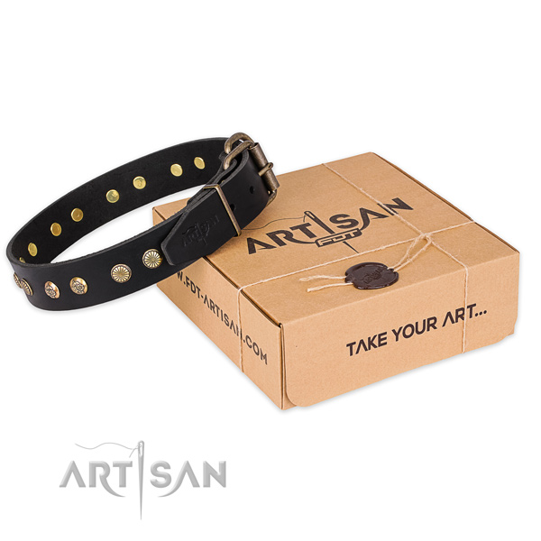 Rust-proof D-ring on full grain natural leather collar for your lovely four-legged friend