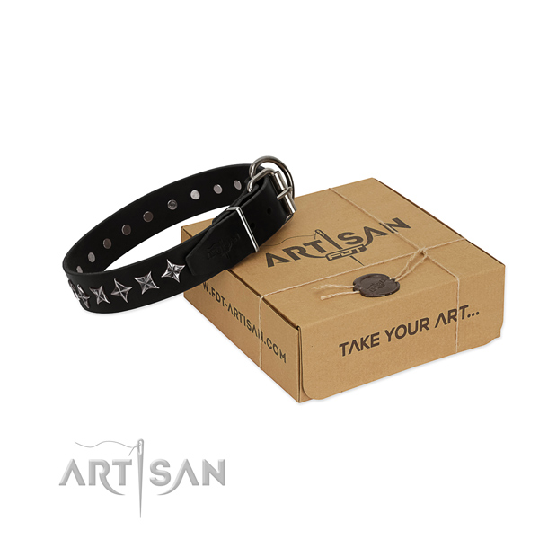 Comfortable wearing dog collar of finest quality leather with adornments