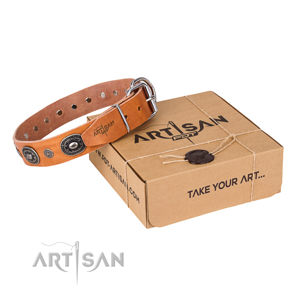 Gentle to touch natural genuine leather dog collar crafted for handy use