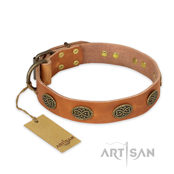 Unusual full grain natural leather dog collar with rust-proof traditional buckle