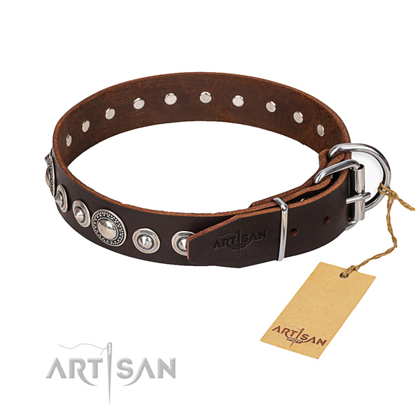 Full grain leather dog collar made of quality material with corrosion proof D-ring