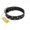 "Power-Flower" FDT Artisan Black Leather Doberman Collar with Two Rows of Silver-like Studs with Engraved Flowers