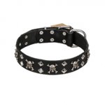 FDT Artisan 'Rock 'n' Roll Style' Fancy Leather Doberman Collar with Skulls, Bones and Studs 1 1/2 inch (40 mm) wide