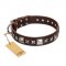 'Perfect Impression' FDT Artisan Doberman Brown Leather Dog Collar with Silvery Square Studs - 1 1/2 inch (40 mm) Wide