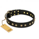 "Rhomb Style" FDT Artisan Decorated Leather Doberman Collar with Old Bronze-Plated Studs 1 1/2 inch (40 mm) Wide