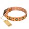 'Sophisticated Glamor' FDT Artisan Doberman Tan Leather Dog Collar with Beautiful Old-Bronze Plated Decorations