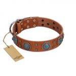 "Blue Sands" FDT Artisan Tan Leather Doberman Collar with Silver-like Studs and Round Conchos with Stones
