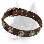 Chic Leather Dog Collar with Silver Plated Circles and Blue Stones
