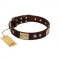 "Middle Age" FDT Artisan Brown Leather Doberman Collar with Old Bronze-Plated Engraved Flowers and Large Plates
