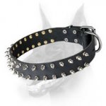 Leather Dog Collar with 2 Rows of Spikes for Doberman