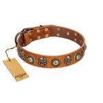 "Golden Epoch" FDT Artisan Tan Leather Doberman Collar with Old Bronze-plated Medallions and Conchos